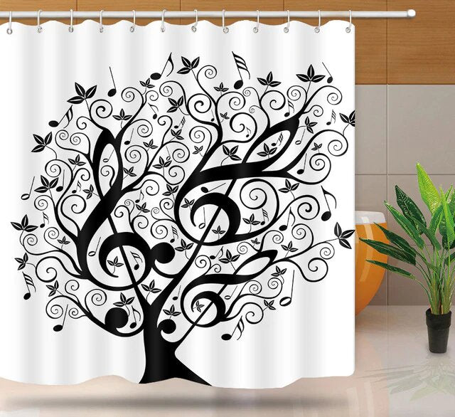 Duschdraperi med motiv av musikträd