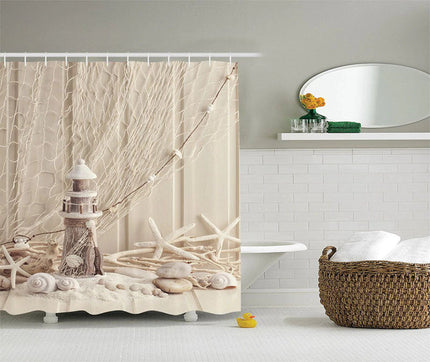 Beige duschdraperi med strandmotiv