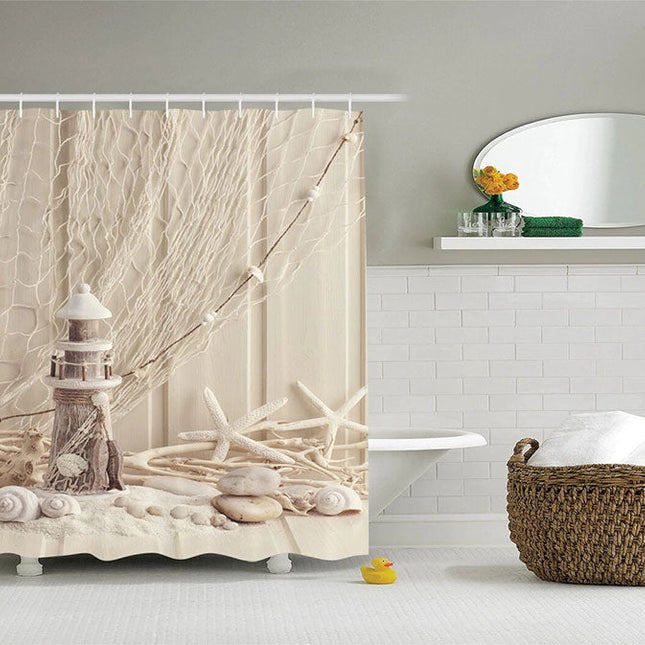 Beige duschdraperi med strandmotiv
