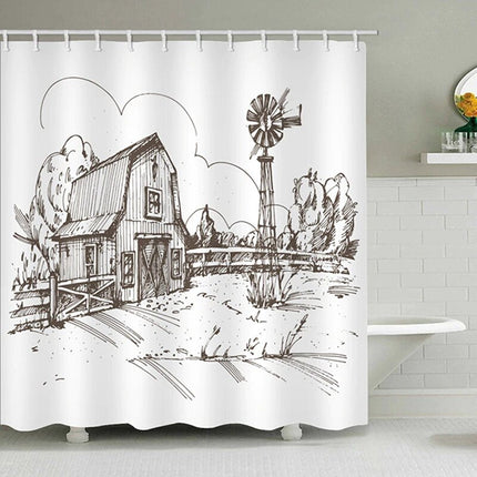 Duschdraperi med tecknad lantlig bondgård