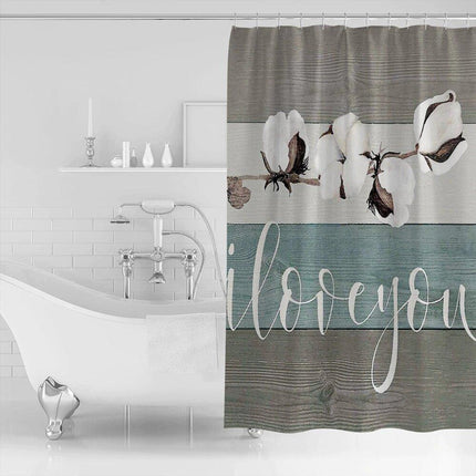 Duschdraperi med bomullsblommor på trä