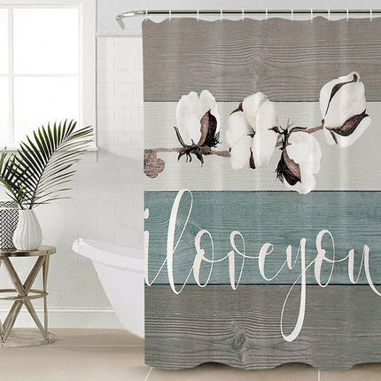 Duschdraperi med bomullsblommor på trä