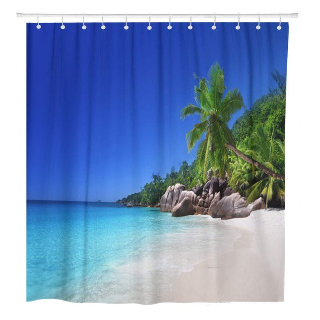 Duschdraperi med tropisk strand och palmer
