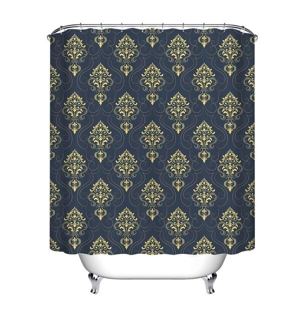 Svart duschdraperi i tyg med barockmönster