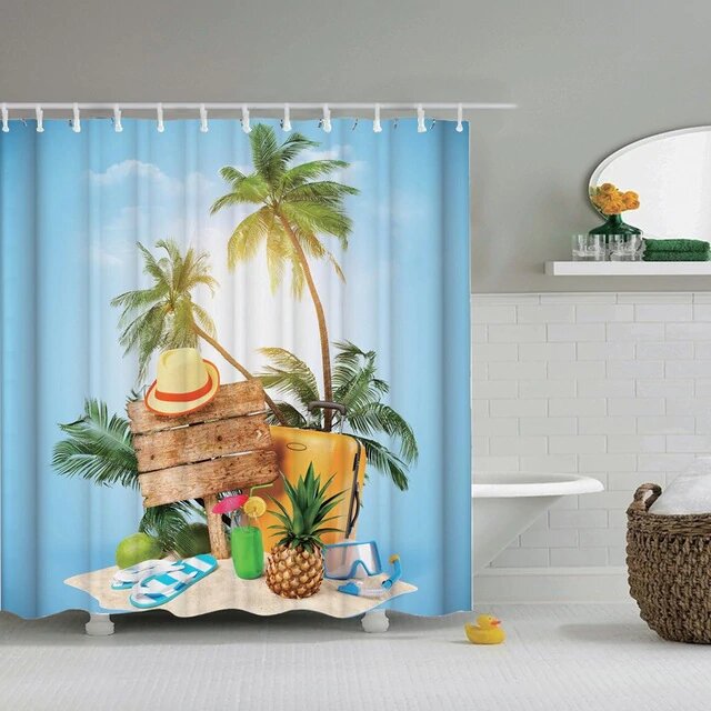 Duschdraperi med tropiskt resemotiv