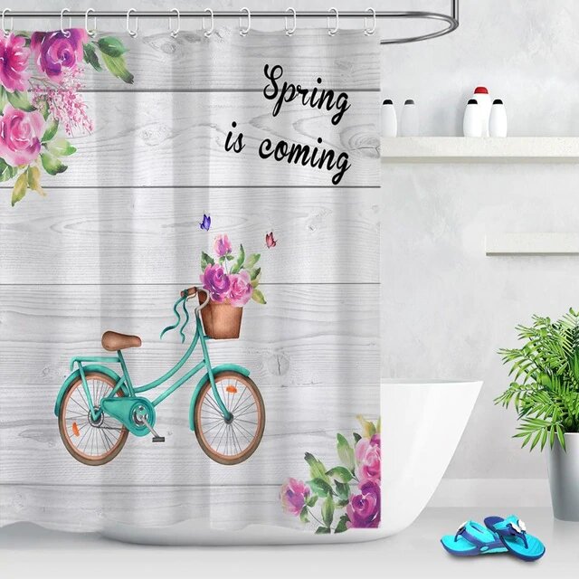 Duschdraperi med cykel och blommor