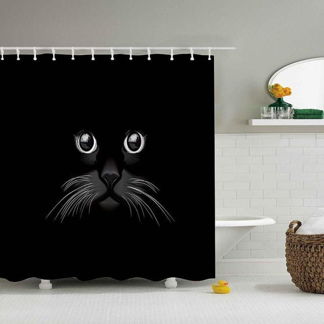 Svart duschdraperi med kattögon motiv