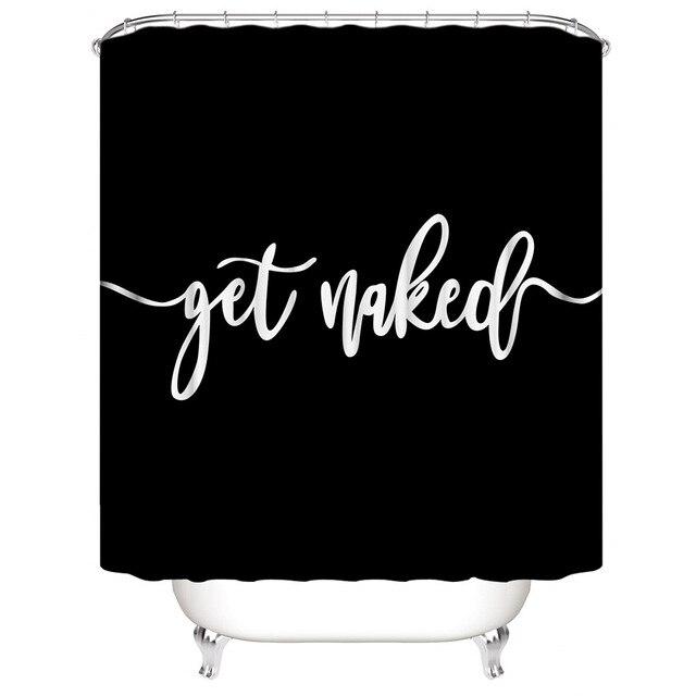 Roligt svartvitt duschdraperi med text