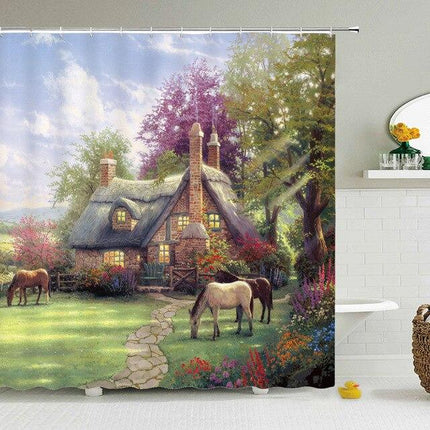 Duschdraperi med lantligt stugmotiv