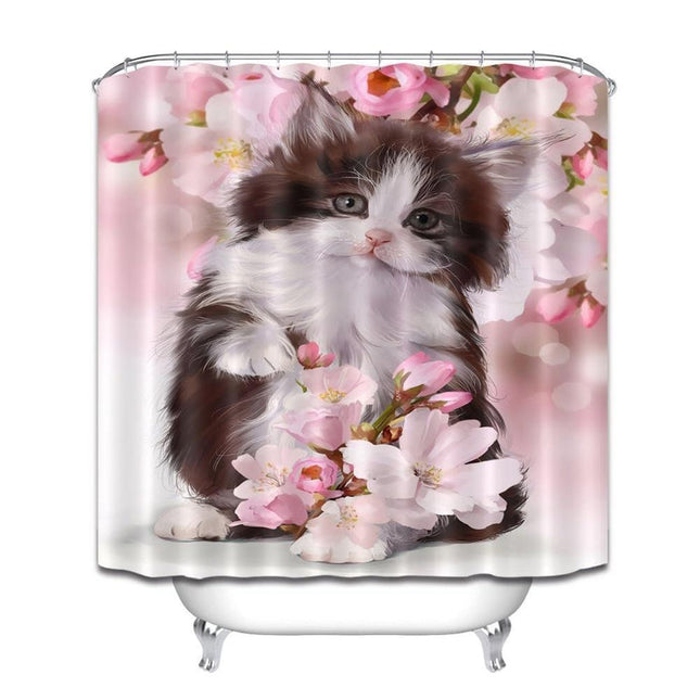 Duschdraperi med söt kattunge och blommor