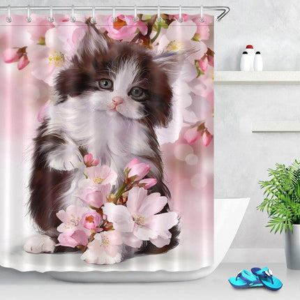 Duschdraperi med söt kattunge och blommor