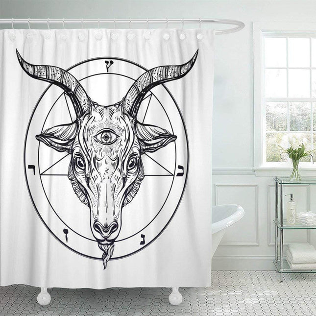 Duschdraperi med gethuvud och pentagram