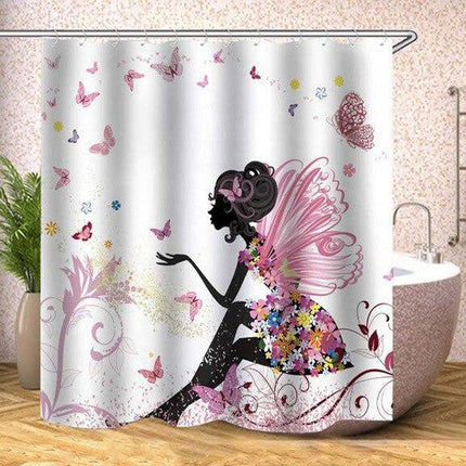 Duschdraperi med sagomotiv och älva