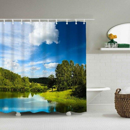 Duschdraperi med motiv av sommarsjö