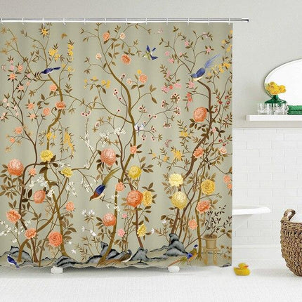 Duschdraperi med fåglar och blommande grenar