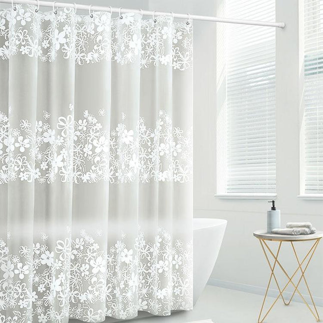 Halvtransparent duschdraperi med vita blommor