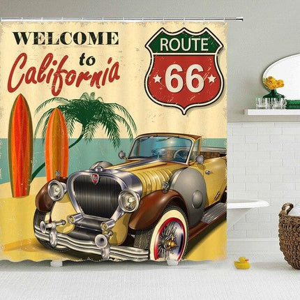 Duschdraperi i retrostil med Route 66