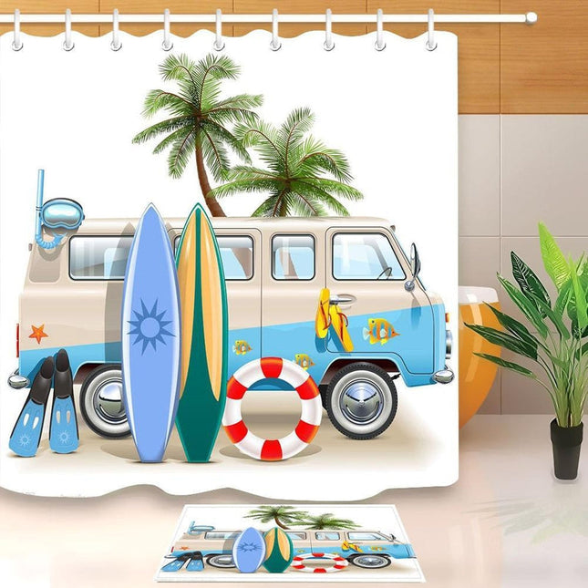 Duschdraperi med surf-tema och strandmotiv