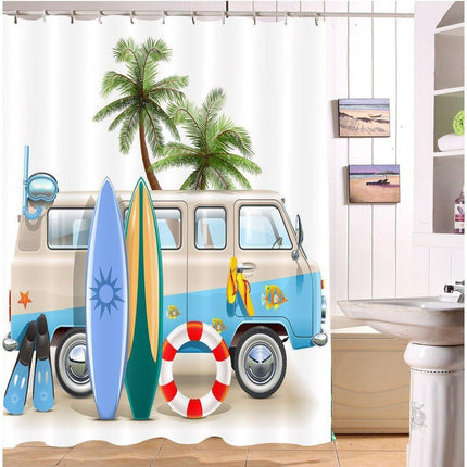 Duschdraperi med surf-tema och strandmotiv