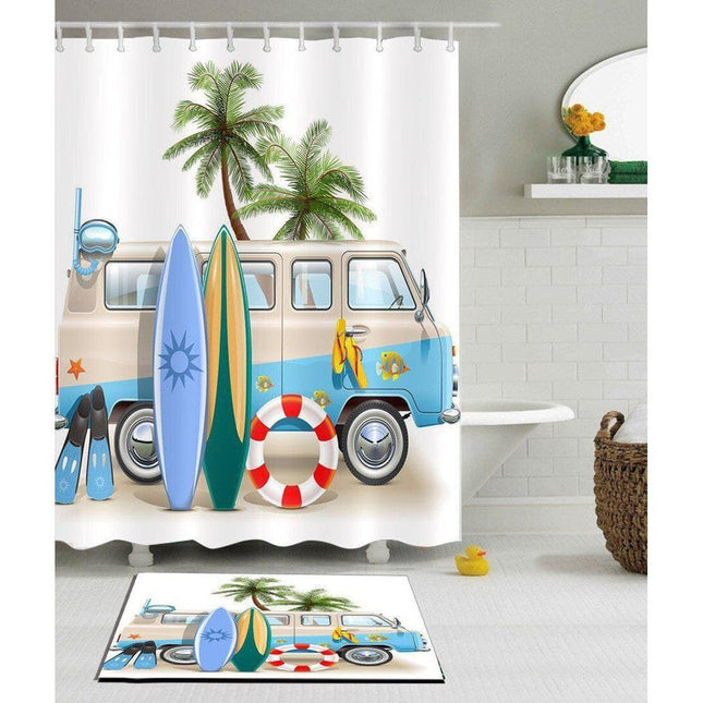 Duschdraperi med surf-tema och strandmotiv