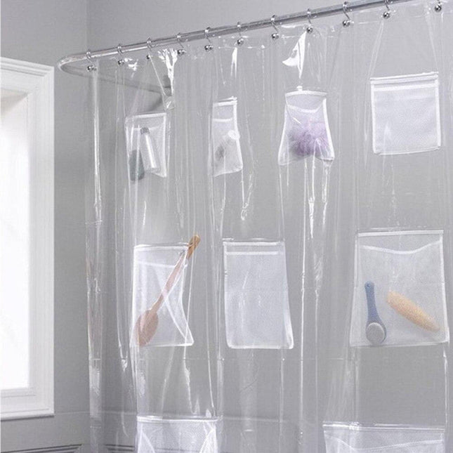 Transparent duschdraperi med smarta fickor