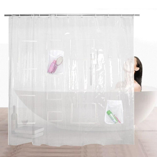 Transparent duschdraperi med smarta fickor