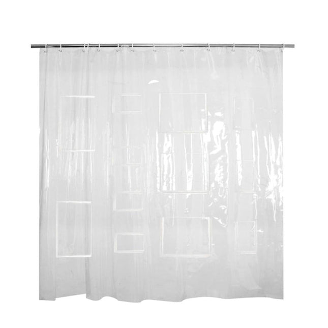 Transparent duschdraperi med smarta fickor