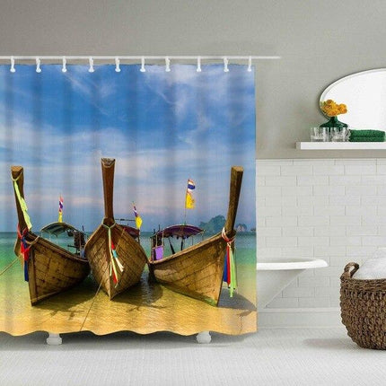 Duschdraperi Thailändska Båtar på Strand