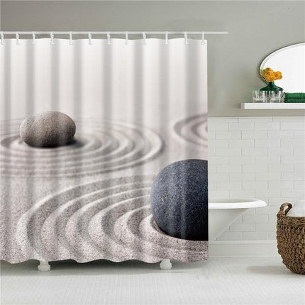 Beige zen-duschdraperi med sand och stenar